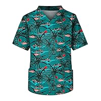 Men 2024 Hawaiian Print Scrub Top Fashion V Neck Stretchy Plus Size Short Size Workwear Nurse Uniform with 3 Pockets
