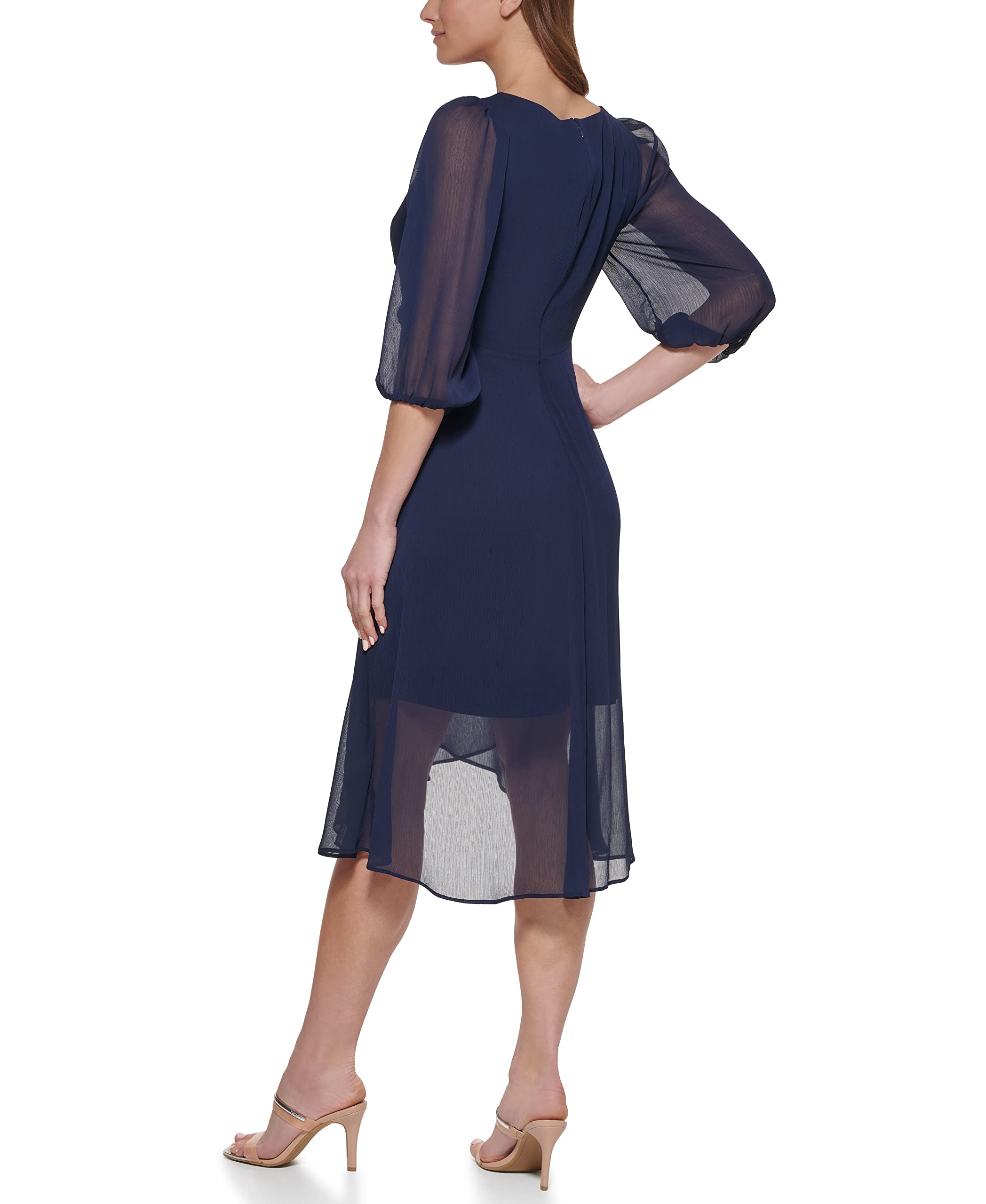 DKNY Women's Chiffon 3/4 Sleeve Faux Wrap Dress