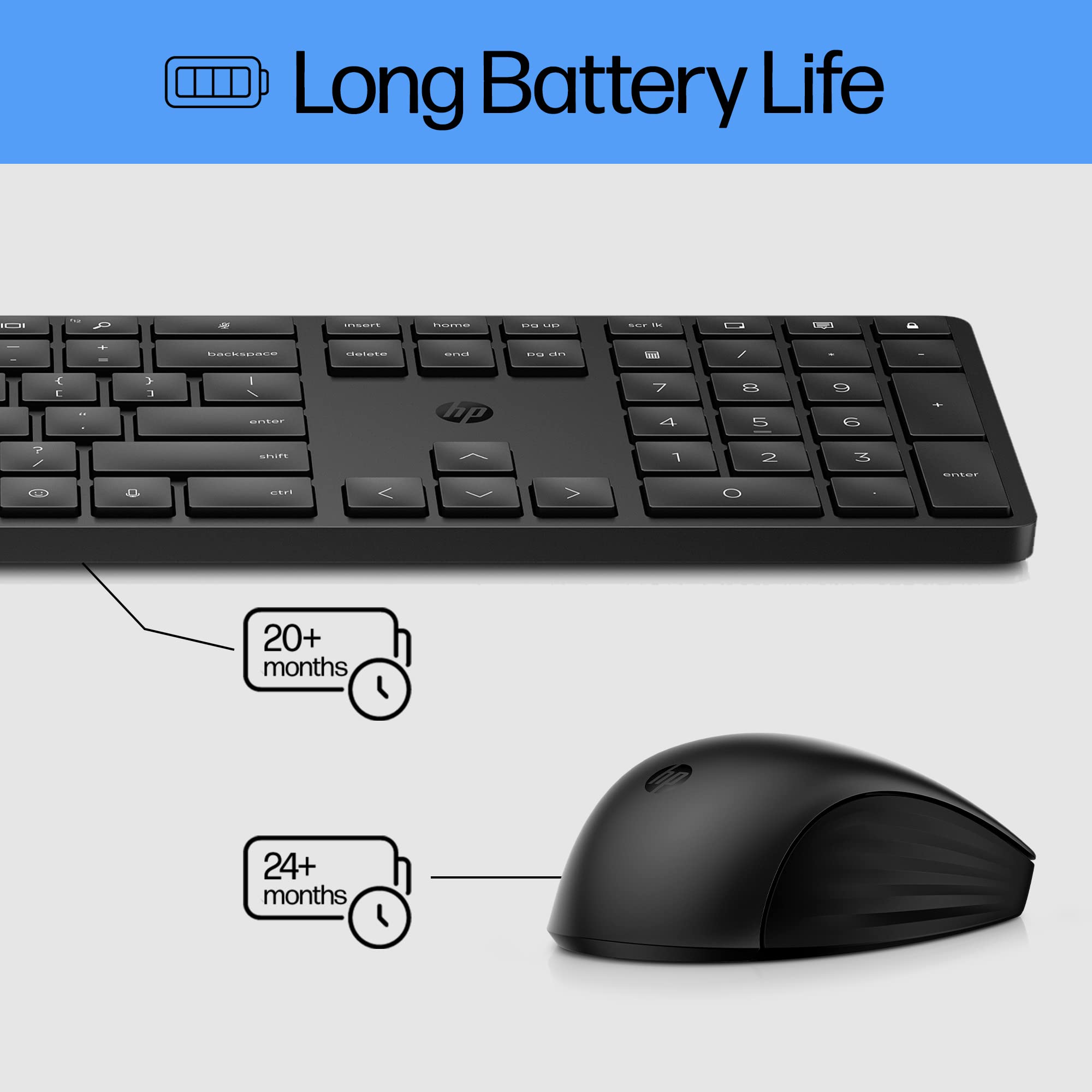 HP 650 Wireless Keyboard & Mouse Combo - 2.4Ghz Wireless, USB Receiver, Low-Profile Keys, 20+ Programmable Keys, DPI Mouse - 20+ Months Keyboard, 24+ Mouse Battery - Win, Chrome, MacOS (4R013AA#ABL)