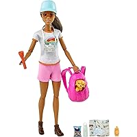 Barbie Self-Care Doll, Brunette Posable Hiking Doll with Puppy & Accessories Including Backpack Pet Carrier & Camera