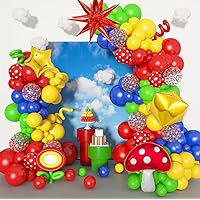 160Pcs Red Blue Yellow Green Balloon Arch Garland Kit, Mushroom Confetti 4D Star Foil Primary Color Carnival Circus Balloons for Boys Girls Cartoon Video Game Birthday Party Decorations Supplies