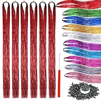 Red Tinsel Hair Extensions with Tools 6 Packs 1380 Strands 44 Inch Hair Extension Tinsel Kit for Women and Girls Sparkling Shiny Colorful Hair Extensions for Christmas and Parties (44 Inch, red)