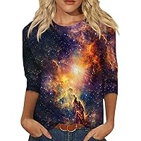 Womens Tops Trendy 3/4 Sleeve Starry Sky Planet Print Gradient Tie Dye Shirt Women Casual Ladies Tops and Blouses