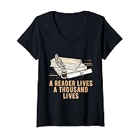 Womens A Reader Lives a Thousand Lives Bookworm Reading Book Lover V-Neck T-Shirt