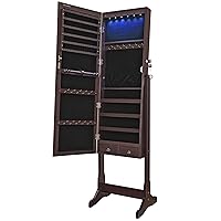 SONGMICS Mirror Jewelry Cabinet with 6 LED Lights, Lockable Standing Mirrored Armoire Organizer, 2 Drawers, Brown UJJC94K