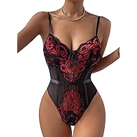 SHENHE Women's Lace Sheer Spaghetti Strap Lace Up Front Sexy Bustier Cami Bodysuit