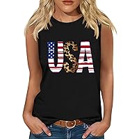 Leopard USA Letter Print Tank Tops Women's American Flag Stars Stripes T-Shirts Summer Patriotic Sleeveless Tees