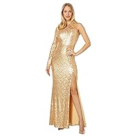BCBGMAXAZRIA Women's Fit and Flare Floor Length Sequin Evening Gown One Long Sleeve Crew Neck Cut Out Side Slit