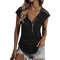 Womens Lace Cap Sleeve Tops Zip Up Summer Tanks Crew Neck Dressy Casual Loose Fit Tee Shirts Tunic