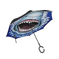 ALAZA Shark Jaws Attack Mouth Animal Windproof Inverted Open Close Reverse Rain Umbrella Inside Out Quality Waterproof Parasol Upside Down Stick Shelter with Hook c Handle