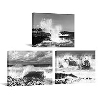 Nachic Wall Black and White Ocean Canvas Art Powerful Waves Hitting Rocks Picture Photo Prints Modern Seascape Artwork Painting for Home Living Room Bedroom Home Decorations (Small)