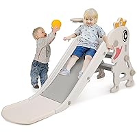 Toddler Slide for Age 1-3 Baby Indoor Outdoor Playset Plastic Foldable Slides for Kids Backyard Climber Set with Stairs Basketball Hoop and Ball for Boys and Girls (White)