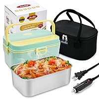 Aotto Electric Lunch Box Food Heater, 90W Faster, 2L Larger Heated Lunch Box for Adults, 12V/24V/110V Portable Food Warmer for Work/Travel/Car/Truck - Leakproof, SS Container, Carry Bag, Green