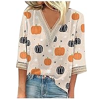 Halloween Shirts for Women,Fall Clothes for Women 2023 Fashion Casual Cropped Lace 3/4 Length Sleeve V-Neck Tops