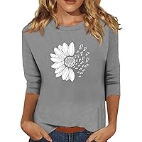Womens 3/4 Sleeve Tops and Blouses Crew Neck Basic T-Shirts Sunflower Print Loose Cute Tunic Top Blouses