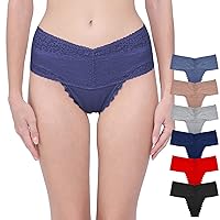 Pack 6 High Waisted Lace Thong for Women Cotton Underwear Plus Size High Rise Retro Tummy Control Thongs Panties