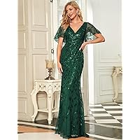 Summer Dresses for Women 2023 Flounce Sleeve Sequin Leaf Mesh Formal Dress (Color : Dark Green, Size : Large)