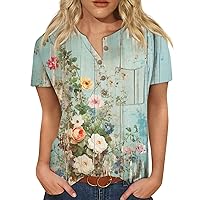 Button Down Shirt Women Short Sleeve Boho Henley Neck Shirts Vintage Floral Trendy Tunic Button Down Tops with Pocket