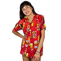 Funky Hawaiian Blouse Women Short-Sleeve Front-Pocket Beerbottle Multiple Colors