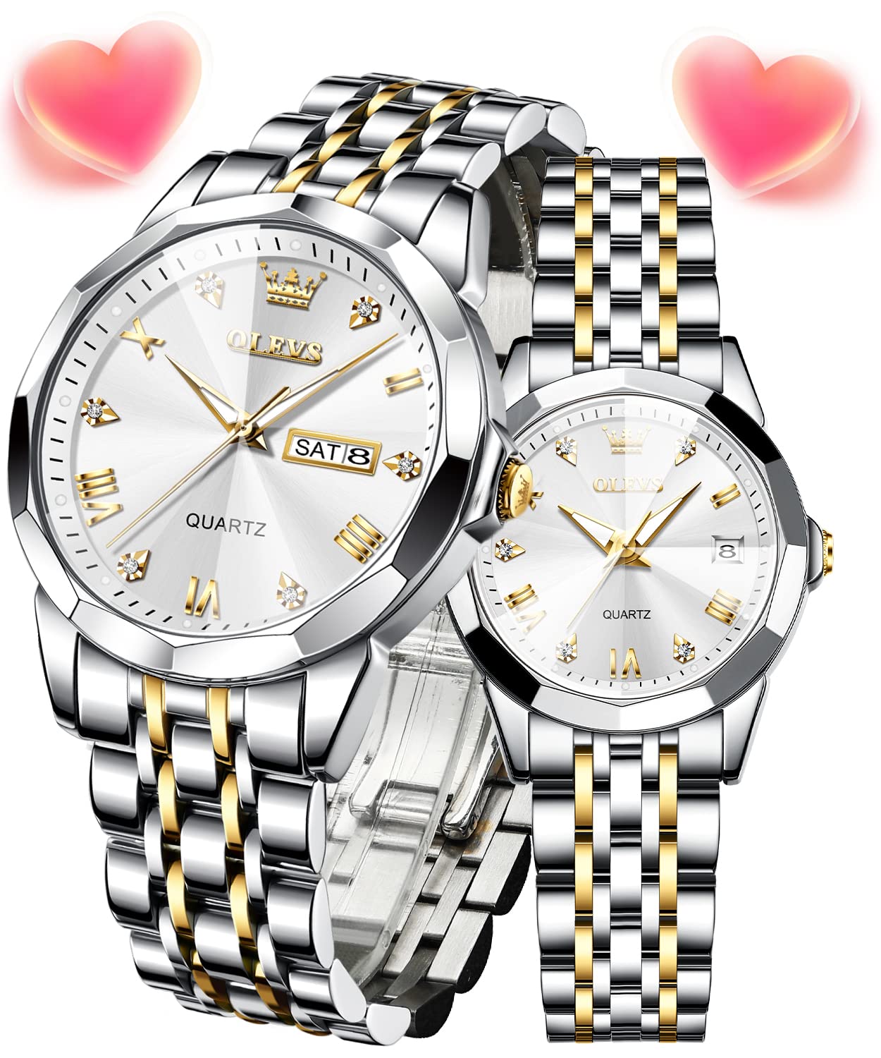 OLEVS Valentinstag Sie und Ihn Paar Uhren Mode Kleid Passende Uhren Quarz Edelstahl Leuchtend Wasserdicht Armbanduhr