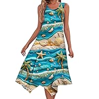 Long Sundresses for Women 2024 Beach Dress for Women 2024 Summer Fashion Flowy Ruched Casual with Sleeveless Round Neck Swing Dresses Turquoise Medium
