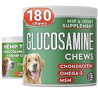 Hemp + Glucosamine Dog Treats for Picky Eaters Bundle + Hip & Joint Supplement w/Hemp Oil Chondroitin MSM Turmeric + Omega-3 - Natural Pain Relief + Chicken Flavor - 120 +180 Soft Chews - Made in USA