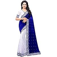 Blue & White Velvet Saree with Stone and Embroidered Work Net Saree Women Dress Indian Traditional Design