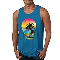 Men's Palm Tree Print Tank Tops Summer Regular-Fit Sleeveless Top Hawaiian Tropical Beach Shirts Workout Sports Tee