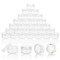 50 Count 3 Gram Sample Containers, Clear Lip Balm Containers with Lids, Small Plastic Sample Jars with 4 Mini Spoons, 50pcs Labels (Clear Lid)