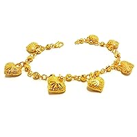Lovely Hearts 23K 24K THAI BAHT YELLOW GOLD Plated Charm Bracelet 7.5 inch Jewelry Girl Women