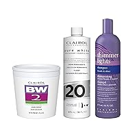 Ultimate Blonding Routine Best Sellers *Bundle || BW2 Lightener for Hair Highlights, 8 oz. + 20 Volume Pure White Hair Developer, 16 oz. + Shimmer Lights Purple Shampoo 16 oz.