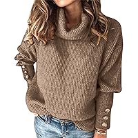 Women's 2023 Fall Winter Long Sleeve Knit Sweater Plus Size Causal Turtleneck Button Slouchy Chunky Loose Pullover Tops
