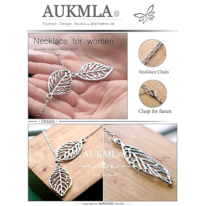 Aukmla Boho Lariat Necklace Silver Leaf Pendant Necklaces Chain Jewelry for women and Girls
