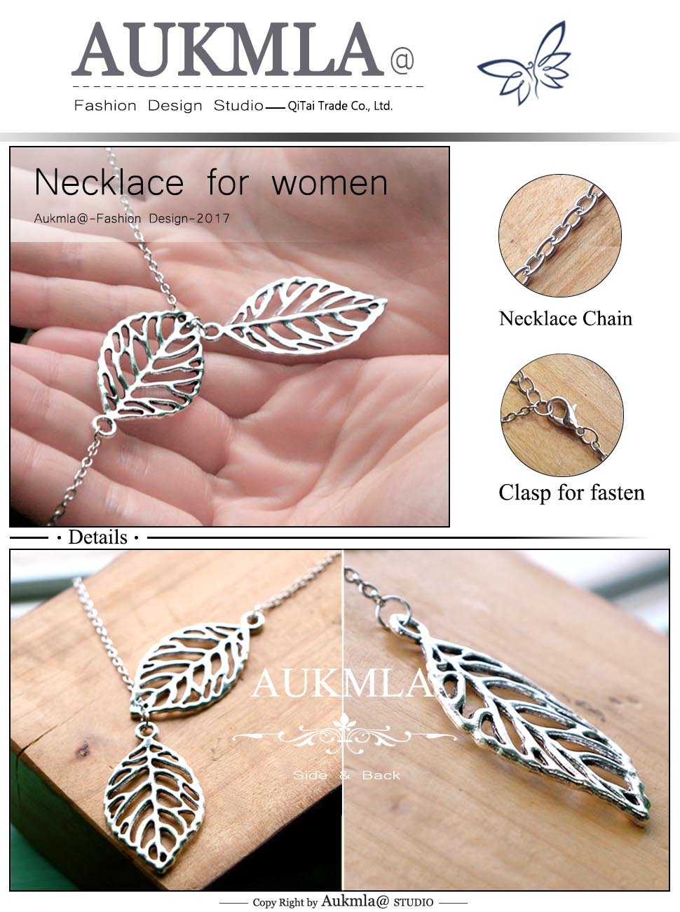 Aukmla Boho Lariat Necklace Silver Leaf Pendant Necklaces Chain Jewelry for women and Girls