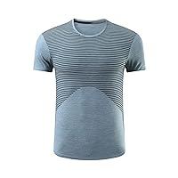 Men's Round Neck Business T-Shirt Fashion Athletic Gym Short Sleeve Casual Striped Cotton Tee Top