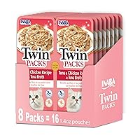 INABA Twin Packs for Cats, Shredded Chicken & Broth Gelée Side Dish/Topper Pouch, 1.4 Ounces per Serving, 16 Servings, Tuna & Chicken Recipe in Tuna Broth