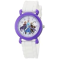 Disney Frozen 2 Elsa,Anna,Sven,Olaf Grils' Purple Plastic Time Teacher Watch, White Silicone Strap, WDS000826
