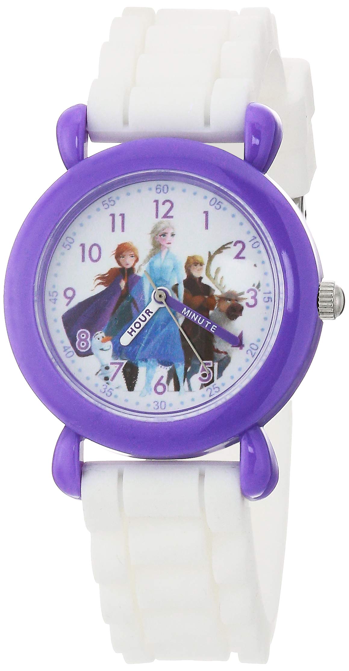 Disney Frozen 2 Elsa,Anna,Sven,Olaf Grils' Purple Plastic Time Teacher Watch, White Silicone Strap, WDS000826