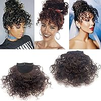 Short Kinky Curly Bangs Front Fringe Hairpiece Afro Curly Human Hair Bangs Clip in Human Hair Extensions Hairpieces Fake Fringe Bangs Forehead Hairpiece for Women Dark Brown