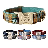 Custom Dog Collar with Metal Buckle - Pet Collars Personalized with Name and Phone Number (Plaid)