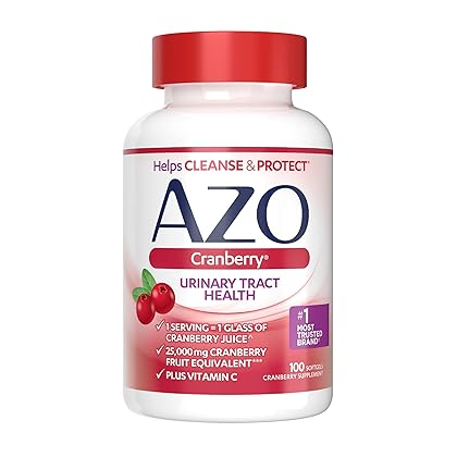 AZO Cranberry Urinary Tract Health Supplement, 1 Serving = 1 Glass of Cranberry Juice, Sugar Free Cranberry Pills, Non-GMO 100 Softgels