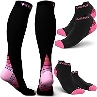 Physix Gear Sport 3 Pairs of Compression Socks for Men & Women 2 Pairs Low Cut & 1 Pair Knee High (Black/Pink) S-M Size