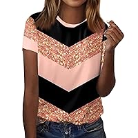 Short Sleeve Shirts for Women,Tops for Women Trendy Colour Block Splicing Print Round Neck Top Summer Tops for Women 2024