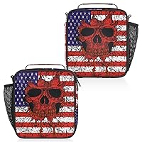 Red Skull American Flag Insulated Lunch Box, Reusable Cooler Tote Lunch Bags for Men Women, Portable Leakproof Square Meal Bag for Work Travel Picnic Hiking Daytrip