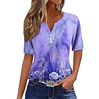 Summer Blouses for Women 2024, V Neck Button Short Sleeve Plus Size Summer Shirts Print Fashion Loose Fit Basic Tees Blouses