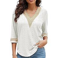 UOFOCO Sexy Hollow Out V Neck Tunics Shirts 3/4 Length Sleeve Womens Tops 2024 Summer Upgraded Lightweight Top Tee Blouse