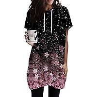 Summer Plus Size Hoodies Short Sleeve Crewneck Shirts Drawstring Geometric Print Tunic Tops for Leggings with Pockets