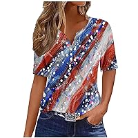 4Th of July Tshirt for Women Short Sleeve American Flag Print Graphic Tee Shirts Causal Button V Neck Independence Day Tops