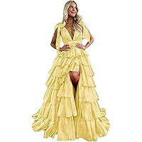 Women's Spaghetti Strap Tiered Prom Dresses Long Ball Gown Dress Ruched Formal Evening Party Gowns with Slit