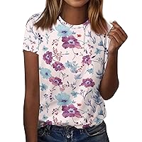 Short Sleeve Shirts for Women,Summer Tops for Women 2024 Vintage Floral Print Crew Neck Top Tops for Women Trendy